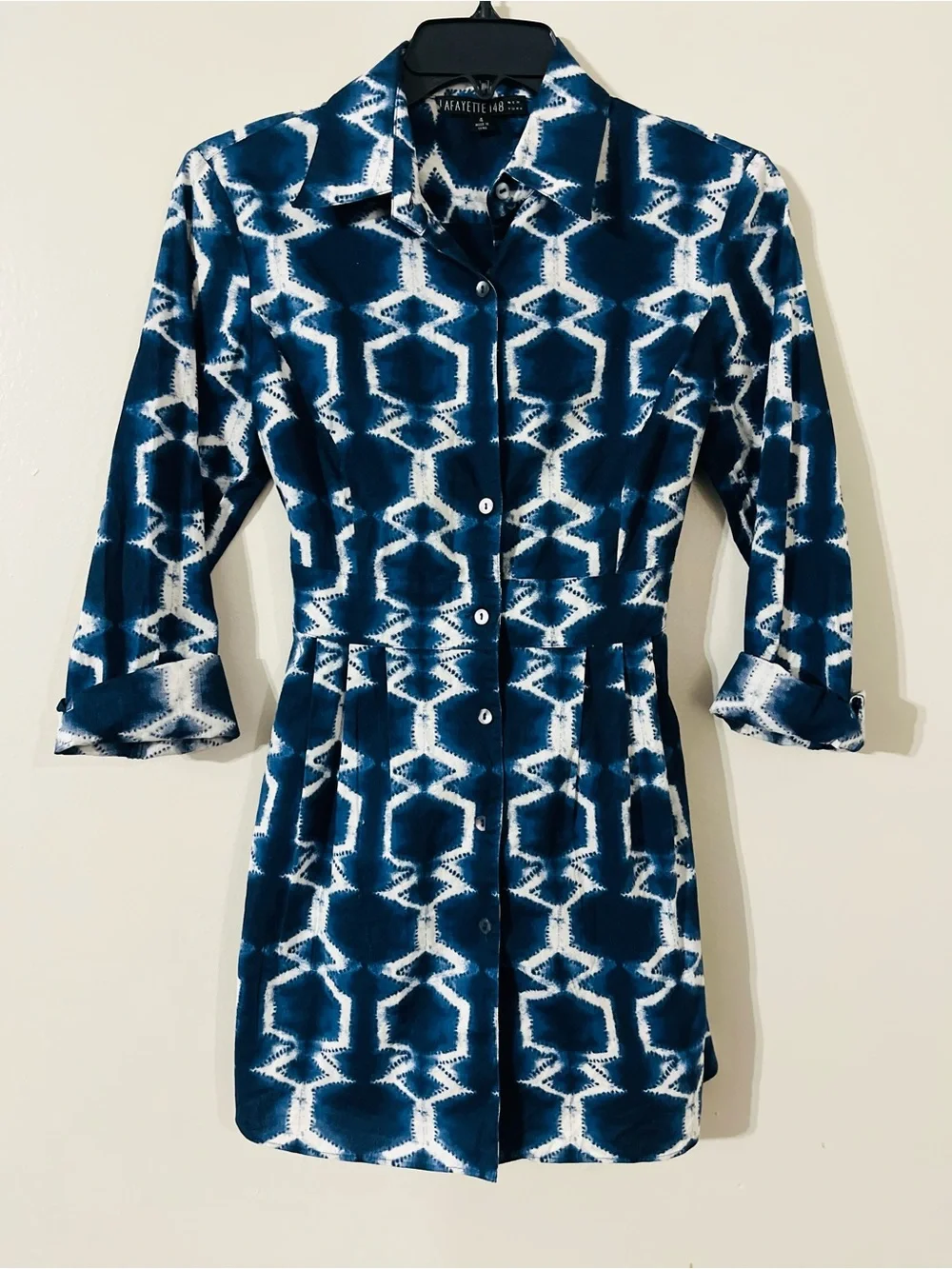 Lafayette 148 Cotton Blue White Batik Print Button Up Shirt Jacket Tie Belt Sz 4 - Picture 2 of 6
